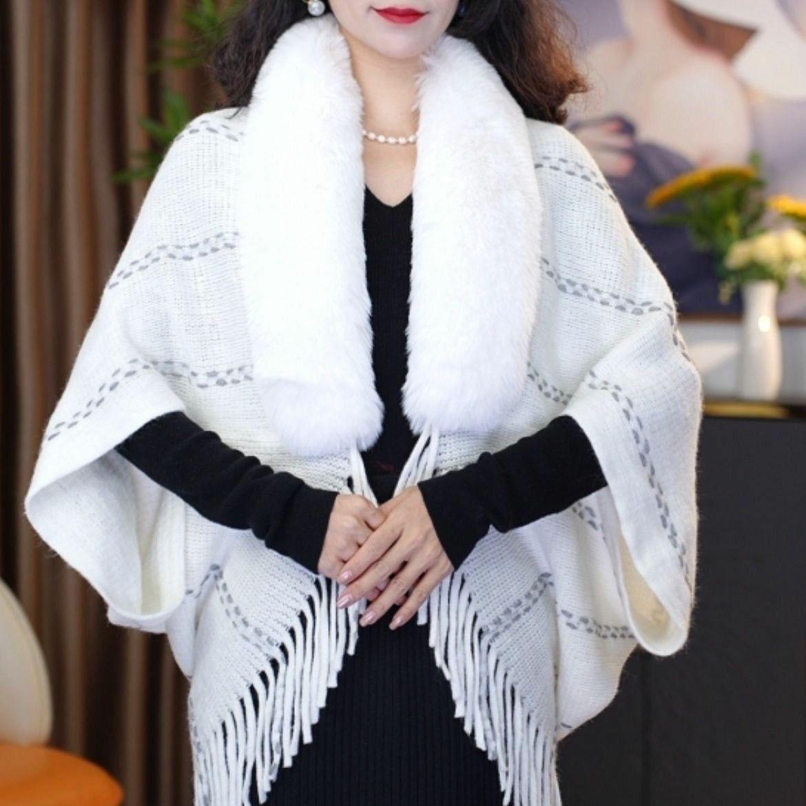 Striped Knit Pullover Cape with Fluffy Collar and Tassels