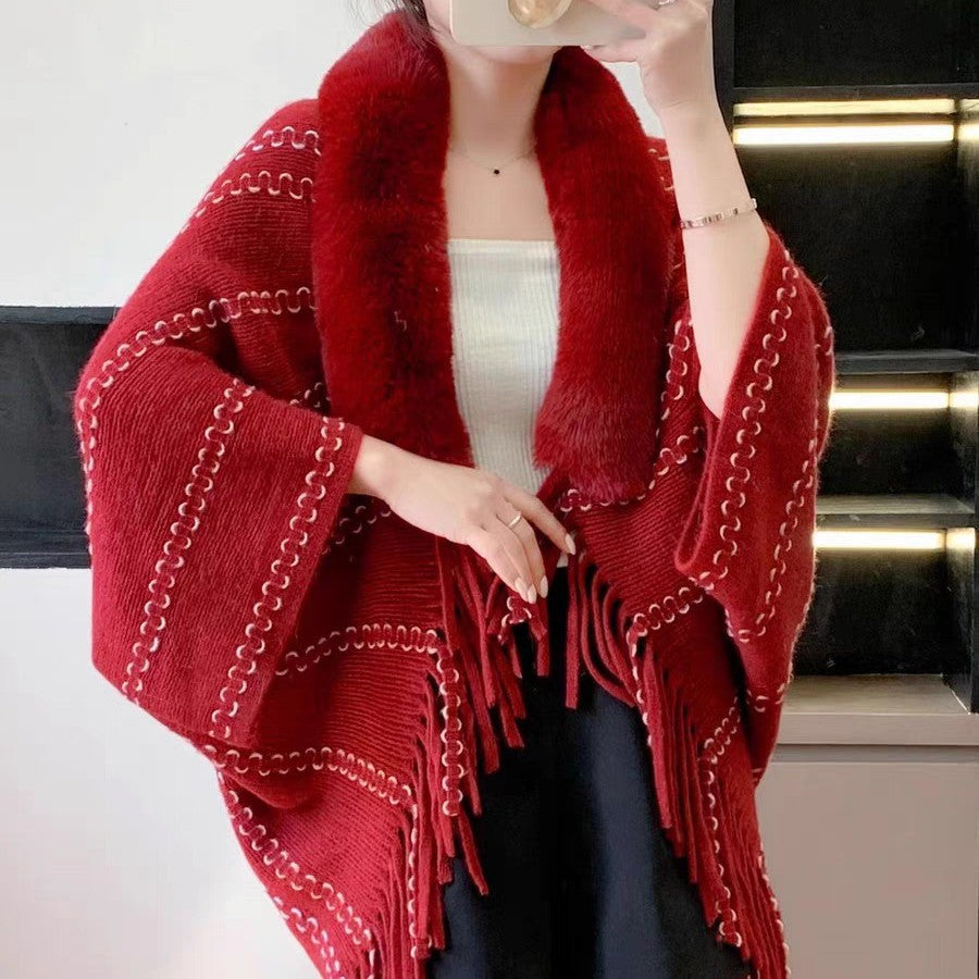 Striped Knit Pullover Cape with Fluffy Collar and Tassels