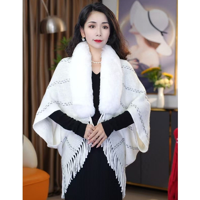 Striped Knit Pullover Cape with Fluffy Collar and Tassels