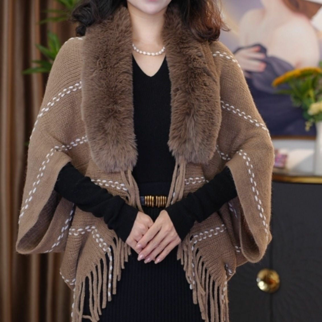 Striped Knit Pullover Cape with Fluffy Collar and Tassels
