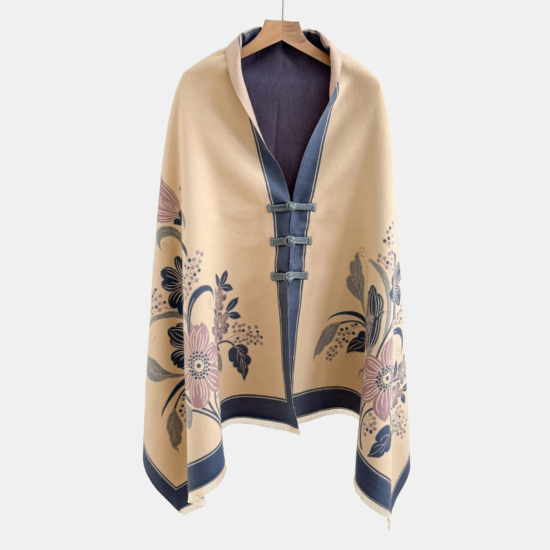 Vintage Floral Jacquard Cloak Shawl with Knot Button – 28 Patterns