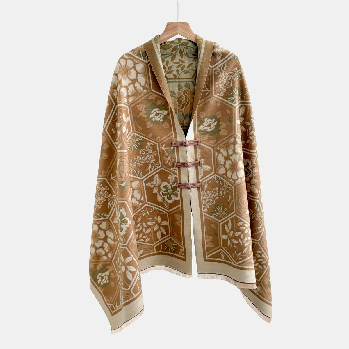 Vintage Floral Jacquard Cloak Shawl with Knot Button – 28 Patterns