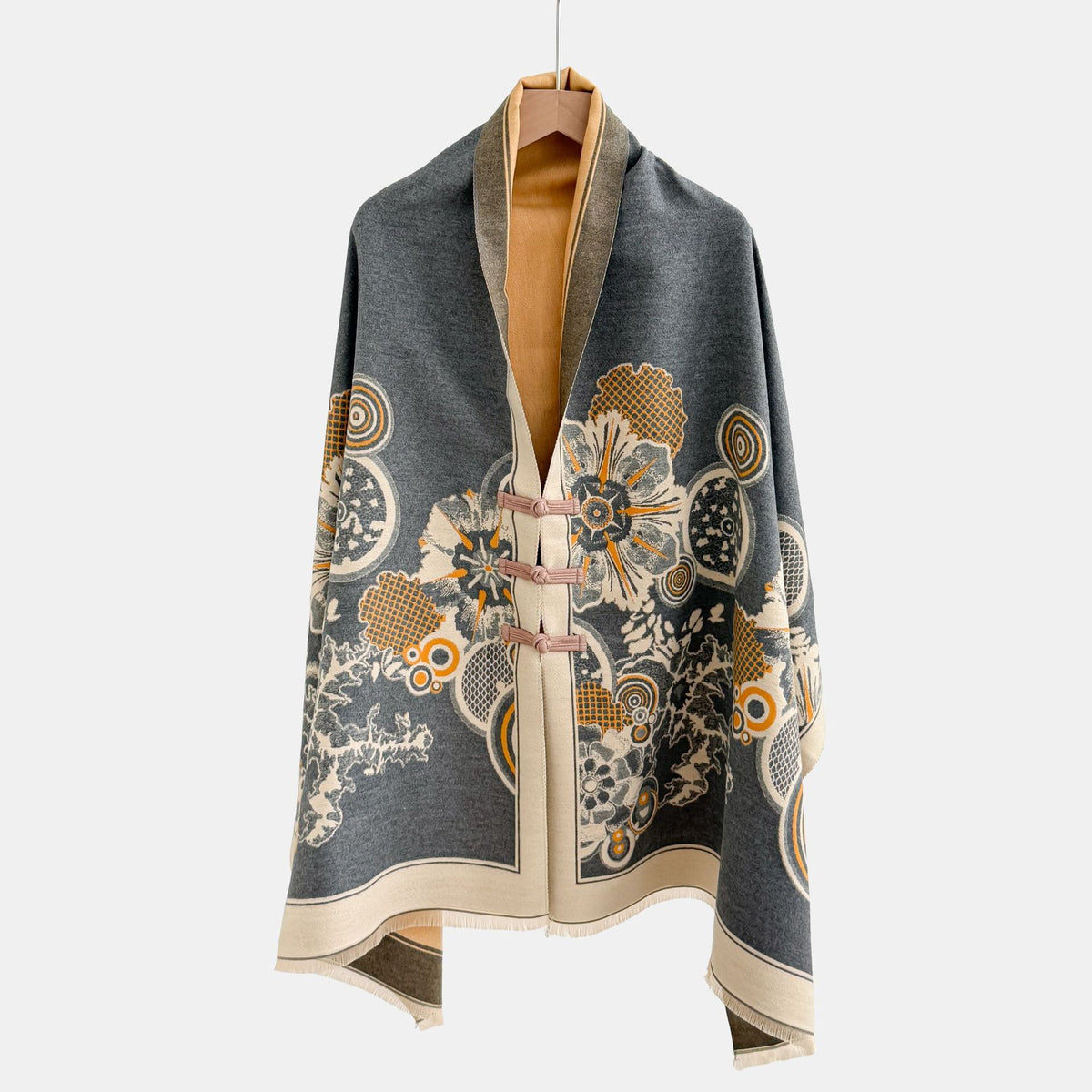 Vintage Floral Jacquard Cloak Shawl with Knot Button – 28 Patterns
