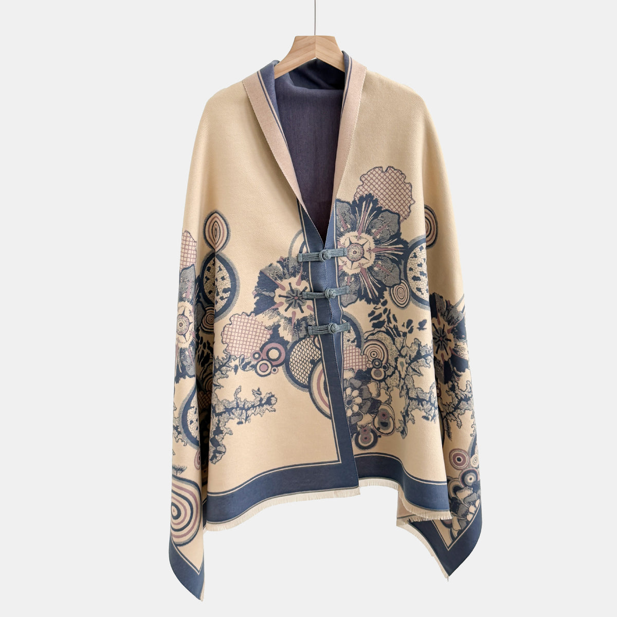Vintage Floral Jacquard Cloak Shawl with Knot Button – 28 Patterns
