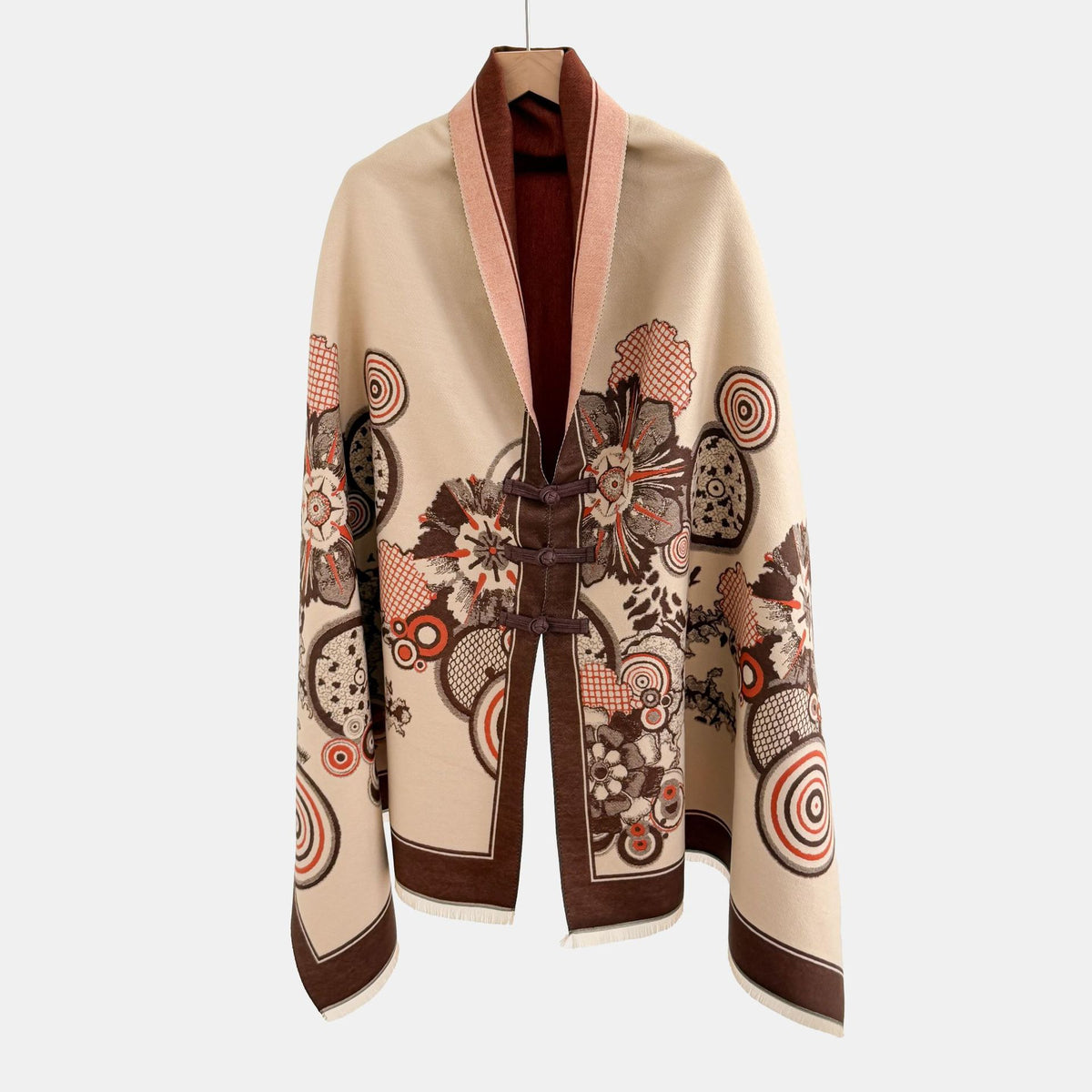 Vintage Floral Jacquard Cloak Shawl with Knot Button – 28 Patterns
